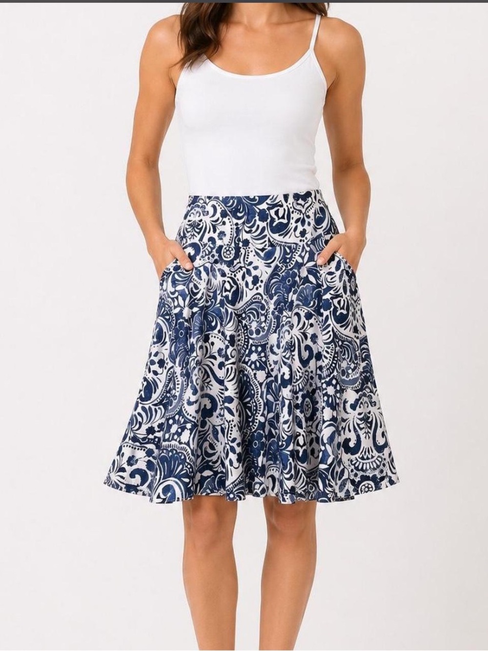 Ralph Lauren Navy and White A-Line Printed Skirt